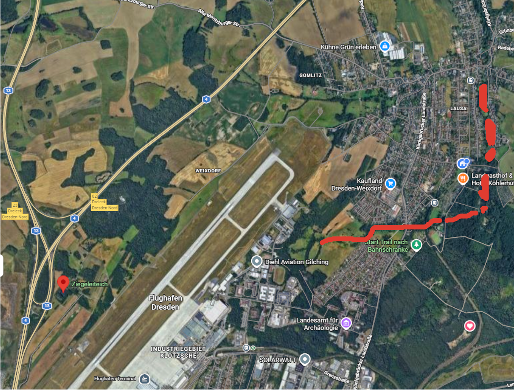 Karte des Dresdner Nordens - markiert sind der Ziegeleiteich, der Seifzerbach sowie die Weixdorfer Teichkette